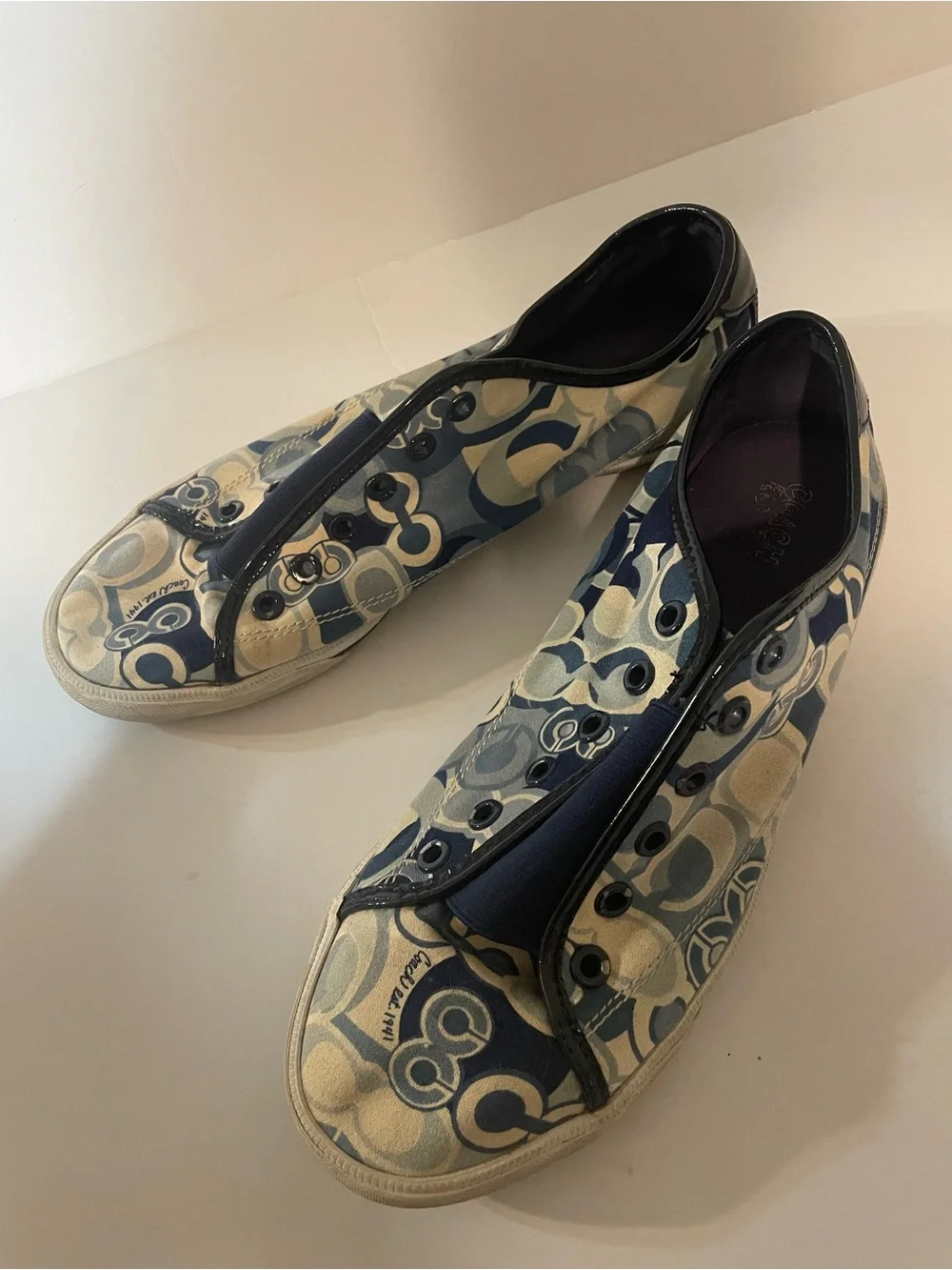 Coach Barrett Shoes Womens 10 Navy Blue Signature C Pattern Sneaker Slip On